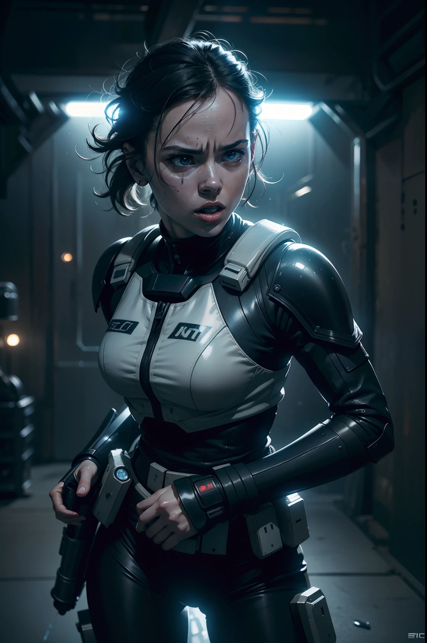 a close up action of epic Sci fi hot Daisy Ridley fighting, Detailed clothing details, Liquid effect, space, Interstellar battlefield photography, natural light, photorealism, cinematic rendering, ray tracing, the highest quality, the highest detail, Cinematic, Third-Person View, Blur Effect, Long Exposure, 8K, Ultra-HD, Natural Lighting, Moody Lighting, Cinematic Lighting