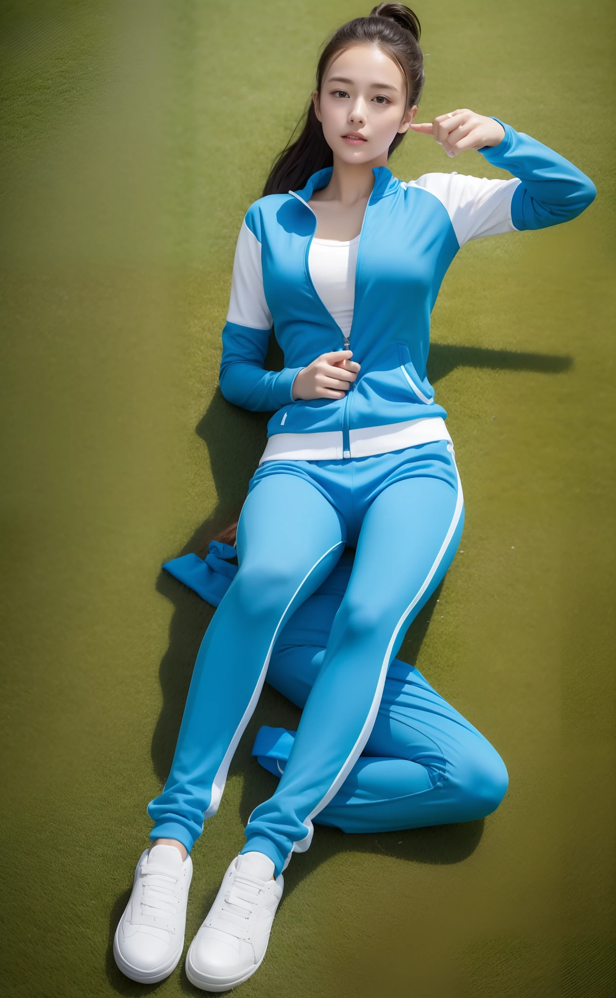 1 very beautiful female high school student，Wear blue and white tracksuits，Lying on the grass of a football field playing with a ball，（Lie on the grass:1.02），Super high value，perfect body figure，Beautiful short ponytail，Delicate hair，Fair face and skin，Beads of sweat on the forehead，Have fun on the playground，（（（The chest is huge））），Breasts are full and straight:1.5，（The tracksuit on the chest is high and bulging, Tightness and bulging:1.5），Delicate fair and soft toes，White and delicate fingers，（Delicate sneakers:1.5），Focus on the chest，fully body photo