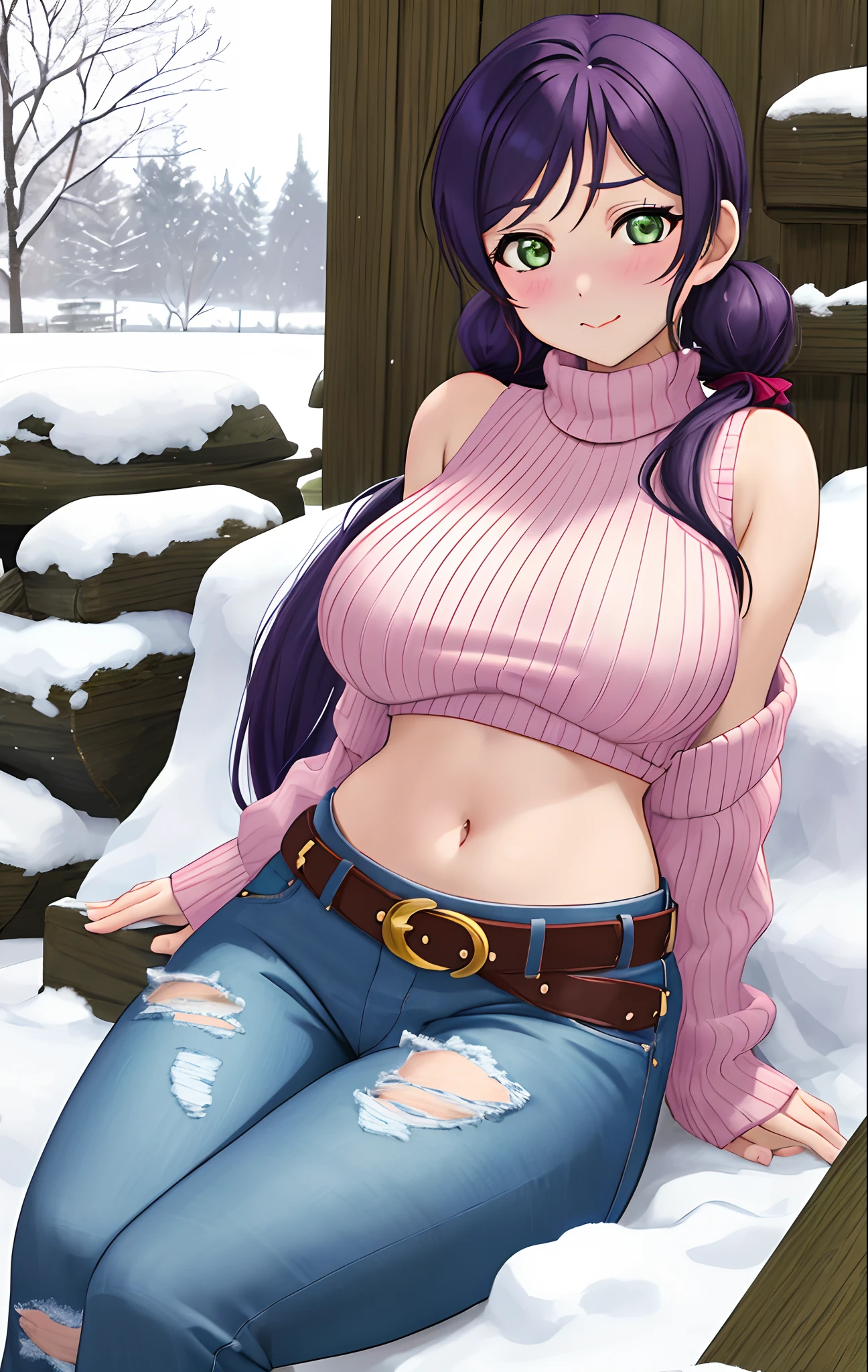 Toujo nozomi, green eyes, low twintails, sweater, sleeveless,midriff,(sexy navel),red moist navel,denim pants,belt, hips, llchar,big breasts, outdoors, arms behind,snow, blushing, sitting,spread legs