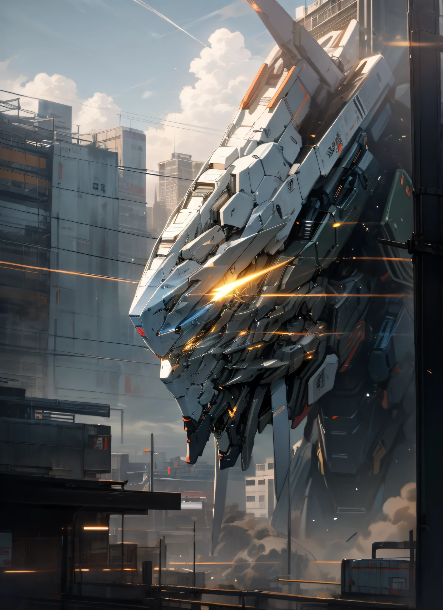 sky, cloud, holding_weapon, no_humans, glowing, , robot, building, glowing_eyes, mecha, science_fiction, city, realistic,mecha