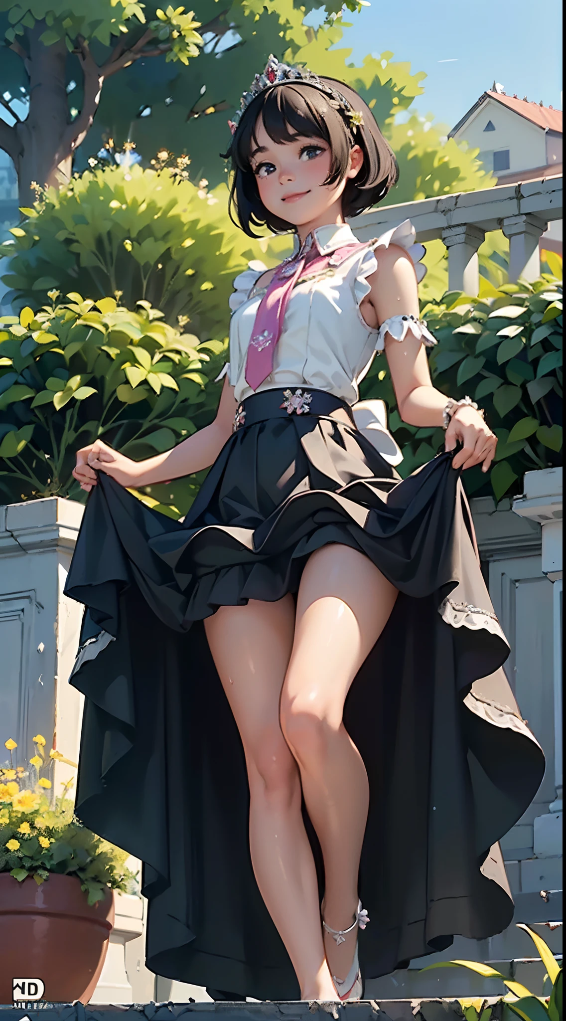 {{{masterpiece}}}, {{{best quality}}}, {{ultra-detailed}}, {{an extremely delicate and beautiful}},(nsf), (Best quality, 8k, 32k, Masterpiece, UHD:1.2),Photo of Pretty girl, top quality, best quality, realistic, unity, 8k wallpaper, official art,(),(Child),(best princess in the world:1.5),(Princess dress with lots of embellishments:1.5),(gorgeous tiara:1.3),(smile:1.3),(sweaty skin:1.5),black hair,(very short hair:1.3),(on the palace balcony:1.3),(,(full body:1.2),(skirt lift by myself :1.7),(panties shot),(pantieless:1.3),(Midsummer:1.5),(from below:1.5),(low view:1.5)
