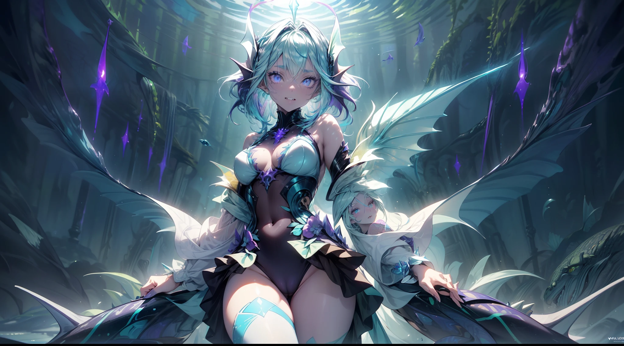 aqua goddess {amphibia|fish|shark|reptile} girl, 1girl, perfect and well designed glowing shiny eyes, (beautiful detailed eyes:1.05), natural breasts, slim body, beautiful and delicate face, (face detail), ((realistic face)), pores, ((pale blue skin)), detailed skin, realistic skin, (((bioluminescence))), (((white-skinned))), ((shiny skin)), ((glowing speckles on skin)), (pointy ears), (fangs:1.5), (fins:1.7), (spikes:1.5), (multicolored gradation skin), ((((blue scales body)))), (villus on skin body:1.6), human face, ((monster girl)), medium length hair, hair voluminous, (((((multicolored gradation hair))))), super high resolution, 8k, parameters Best quality, (masterpiece:1.4), (magic accessories:1.4), bracelets, extremely detailed thick tight ({nylon|lycra}, {latex|vynil}:1.5) colorful (green, purple:1.6) ornate (microdress, ({bodydress|swimsuit}:1.2), (microskirt:1.2), (kimono:1.1)), (standing nipples under cloth:1.2), (cameltoe:1.5), (ornaments on clothing), (neckline:1.3), (cleavage), decolette, navel, Young Girl, Beast, (Smile:0.7), (pale Blue Skin:1.8), ((tattoos all over body, Tribal tattoos all over legs)), ultra detailed, photorealistic, ((Real image)), (best quality:1.4), super high resolution, (Realistic 2.0), More details, (((1girl))), (on beach), (sunlight, sun day:1.3), (beautiful and aesthetic:1.2), (fractal art:1.4), (cinematic light:1.1), DUTCH ANGLE, 16K, HDR, RTX, Ray Tracing, Radiosity, Anisotropic Filtering, Subsurface Scattering, (((magic lights))), metallic reflections, Detailed, Realistic, 4k highly detailed digital art, (cool_color), extremely detailed CG unity 8k wallpaper, vibrant colors, (((seductive pose)))