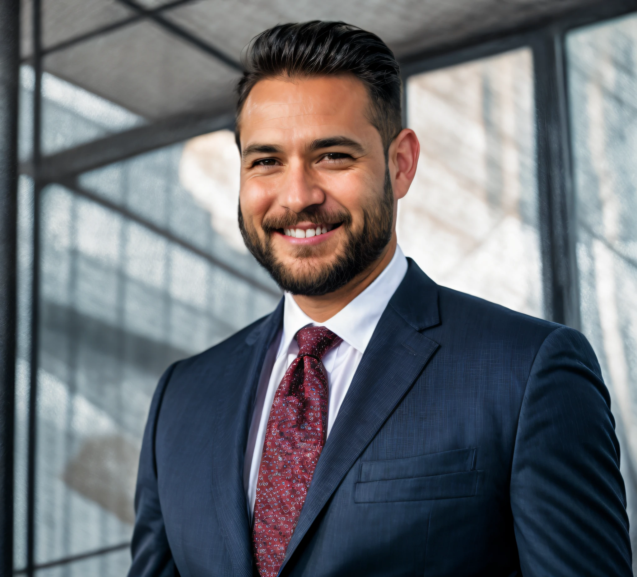 Homem de terno em tecido de alta qualidade de cor Navy blue, gravata vermelha com bolinhas brancas, camisa branca, sorrindo com dentes brancos, barba preta e cabelo preto, cabelo preto escuro, olhos castanhos detalhados, parado em frente a uma janela, retrato corporativo, foto de perfil profissional, retrato profissional, obra-prima, melhor qualidade, detalhes intrincados muito altos, foco nítido, natural lightting, (((fotorrealista))), HDR, 8k, alto contraste