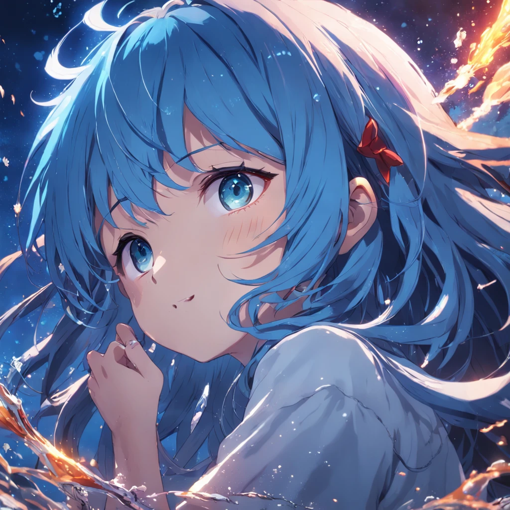 (Masterpies, beste-Qualit, ultra-detailed CG one-of-a-kind 8k wallpapers), A Shining Night Under the Sea, inscrutability, Utopian atmosphere, blue hair, Fiery Eyes, the anime, bright colours.