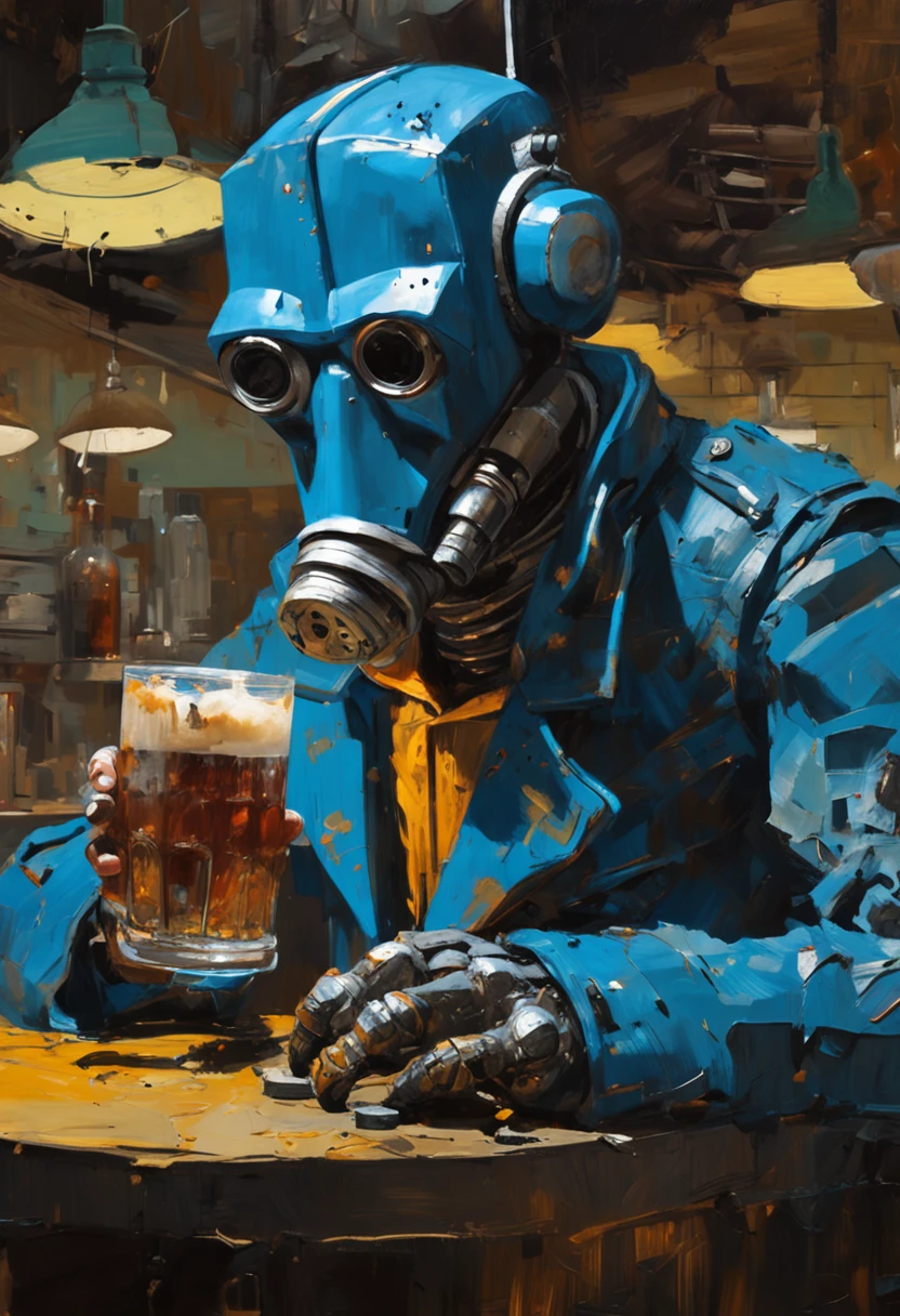 Photorealistic painting by Ashley Wood in Van Gogh's signature style depicting a ((blue rusty cyborg drinking whiskey inside an post apocaliptic bar)),