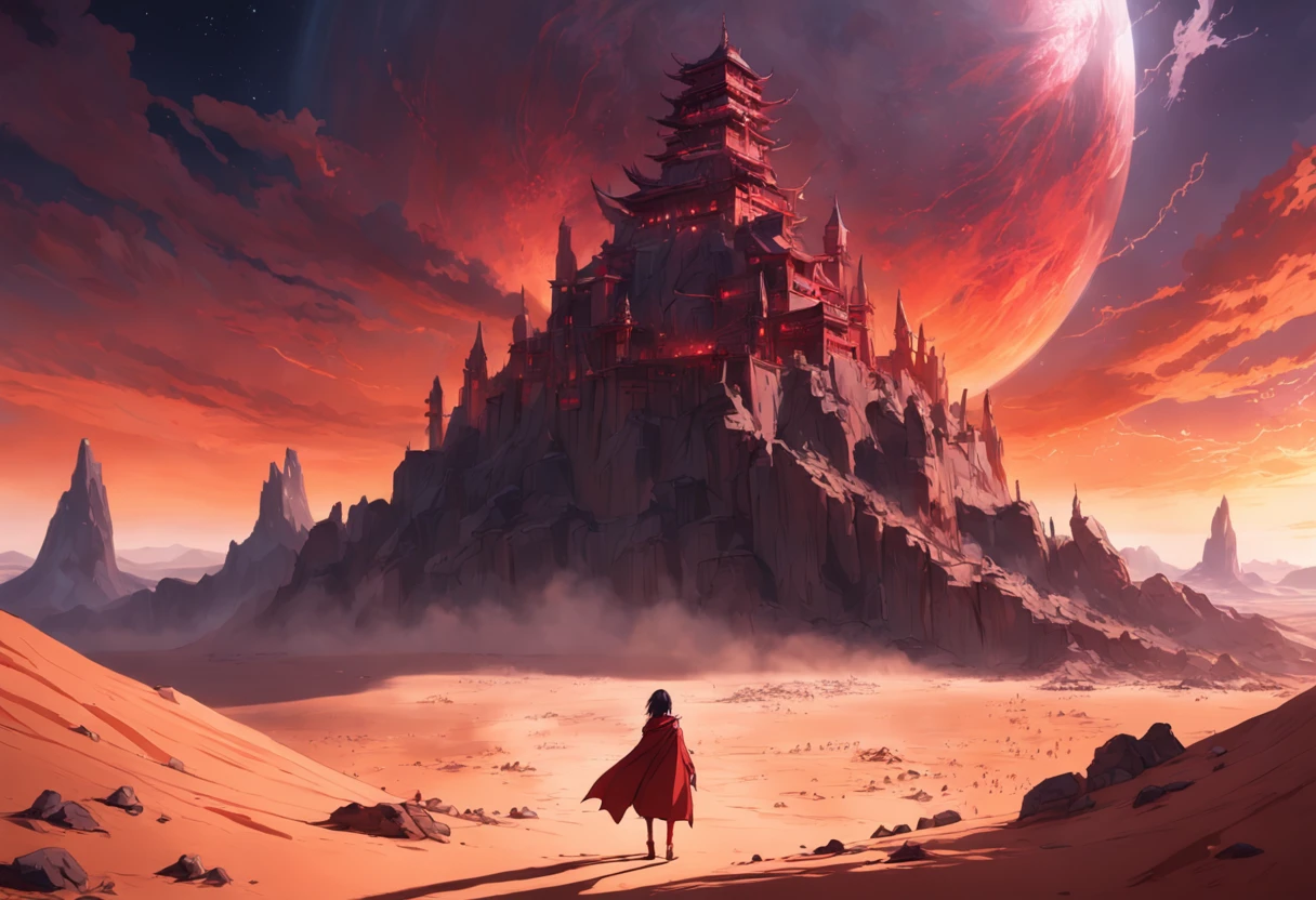 um deserto de areias brancas, com uma grande torre demoniaca ao fundo e um grande buraco vermelho a cima dessa torre, sci-fi horror, dramatic lighting, 4k, arte conceitual, altamente detalhado, Volumetric lighting, global ilumination, octan render, Estilo-SwampMagic, Eldritch, cosmico, energia escura