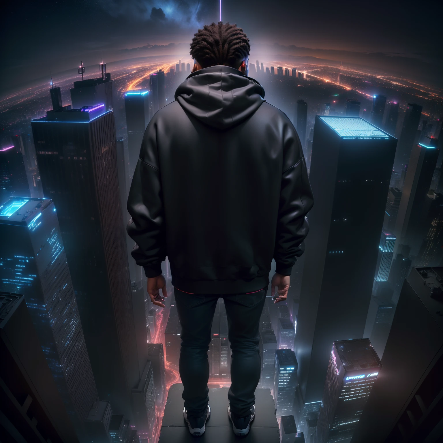 ((atmosphric perspective, superrealismo, design 3D, ultra-detalhado), (Rear view of black man with sweatshirt: 1.2, observing night buildings: 1.1, City of São Paulo, cidade noturna, neon lights, (widescreen: 1.2)), vento leve, ar noturno, atmospheric scene)
