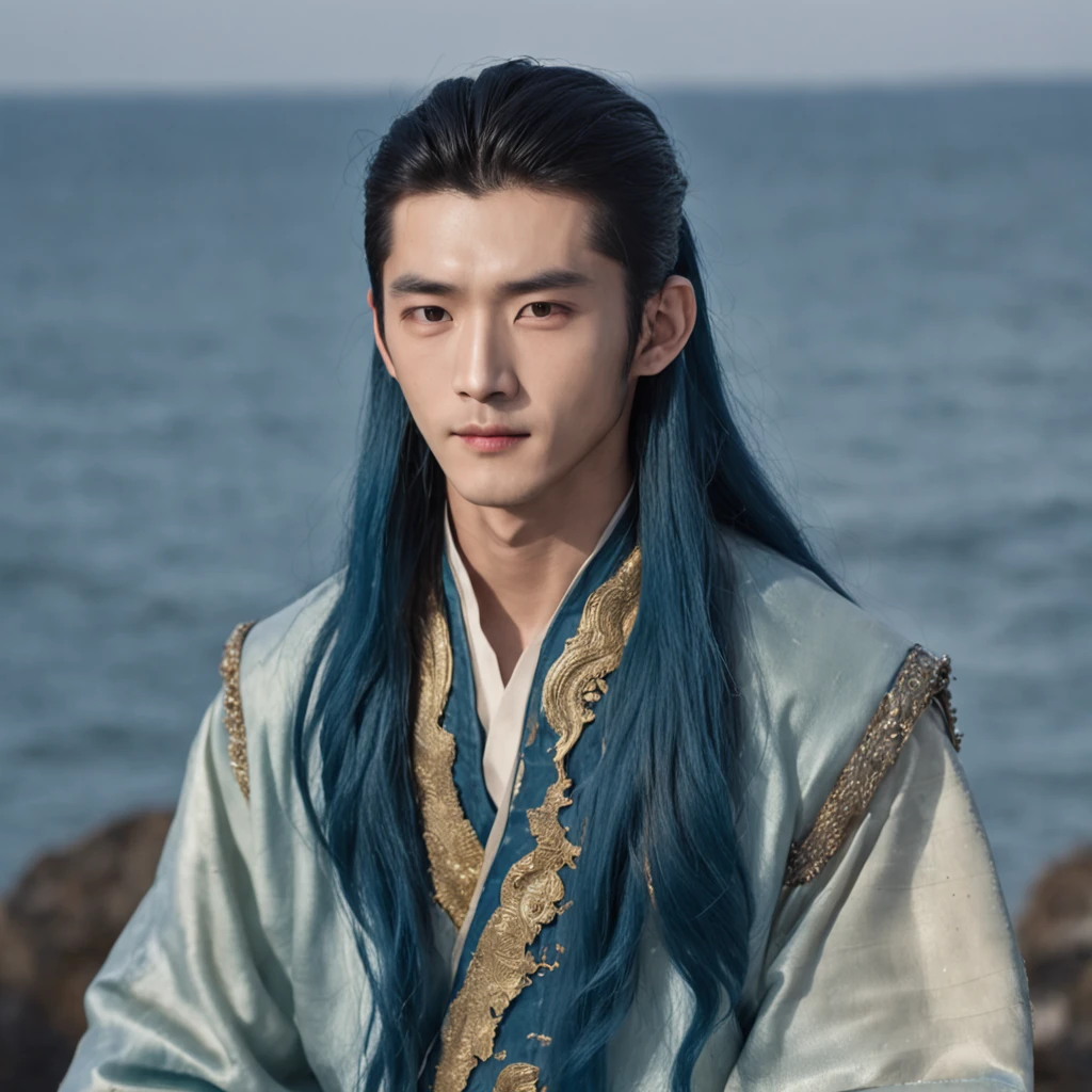 Xiao Zhan,Long blue hair,Take the Poseidon Trident,Wear a golden holy robe,cool guy,Melon seed face,Asian face,The background shows the sea under the big moon,The time is evening,Sparkling
