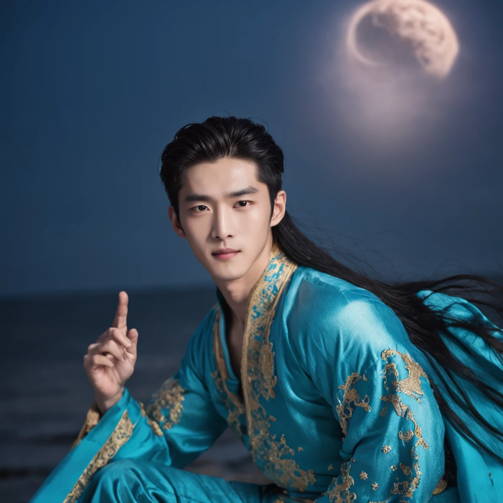Xiao Zhan,Long blue hair,Take the Poseidon Trident,Wear a golden holy robe,cool guy,Melon seed face,Asian face,The background shows the sea under the big moon,The time is evening,Sparkling