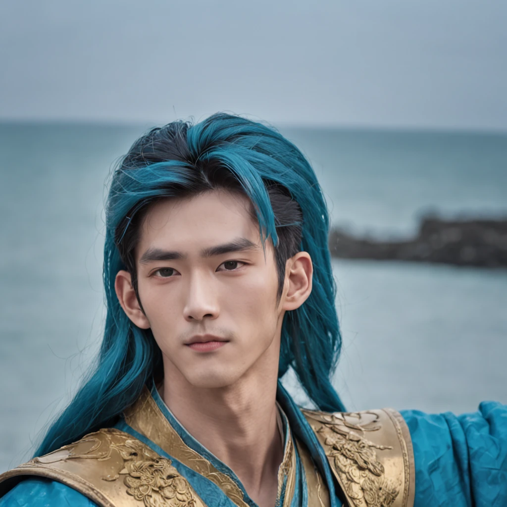 Xiao Zhan，Long blue hair，Take the Poseidon Trident，Wear a golden holy robe，cool guy，Melon seed face，Asian face，The background shows the sea under the big moon，The time is evening，Sparkling