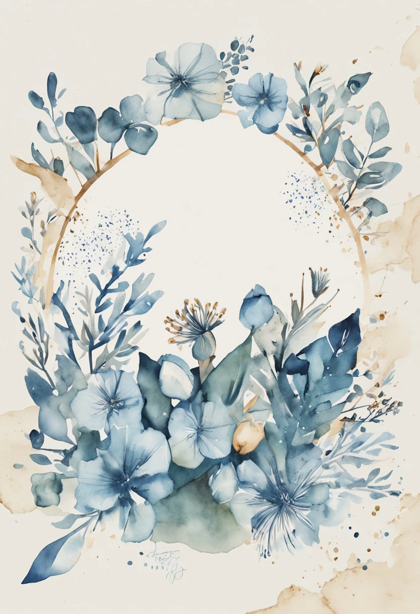 Convite casamento tons azuis, estilo minimalista , detalhes em aquarela, letras pretas.