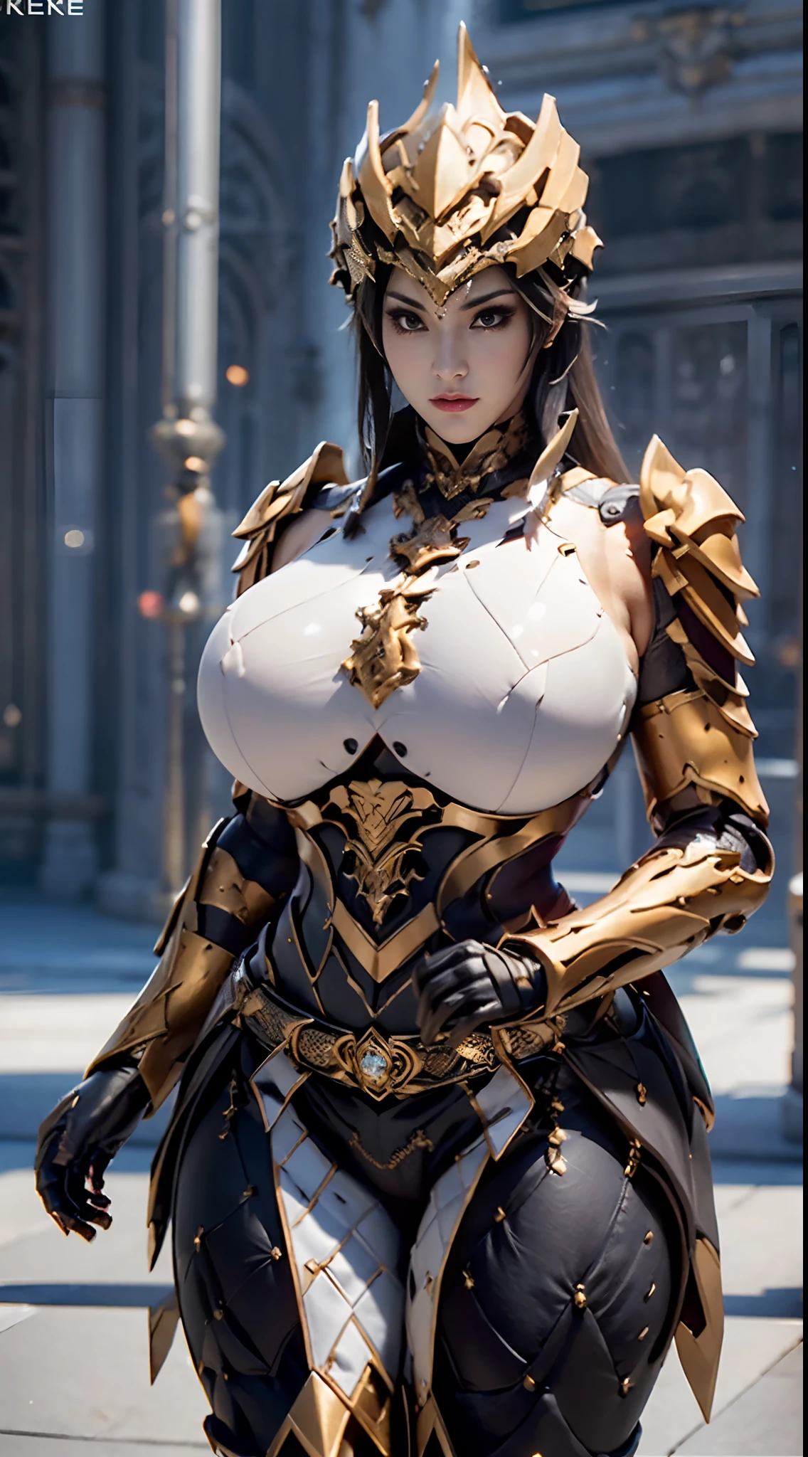 ((Unreal Engine 5)), Realistic Rendering, Excellent, (Full royal armor:1.2), (breastplate), (helm), looking on camera, 1girl standing on studio, beautiful face, (kpop makeup), CGImix, (photorealism:1.2), ultrarealistic uhd face, (hugefaketits:1.4), (gigantic breasts:1.2), (muscle abs), (big butt), (wide hips), (thick thighs), slim waist, hourglass figure, half body, ((glowing skin)), ((shiny skin)), Realistic perfect body, ((she is sexy body)), ((clean skin)), photorealistic, bokeh, motion blur, (background blur:1.4), masterpiece, highres, 1080P, super detail, textured skin.