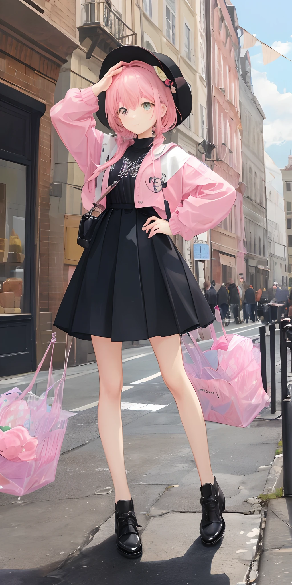 (masterpiece), 1girl, pink hair, Full body