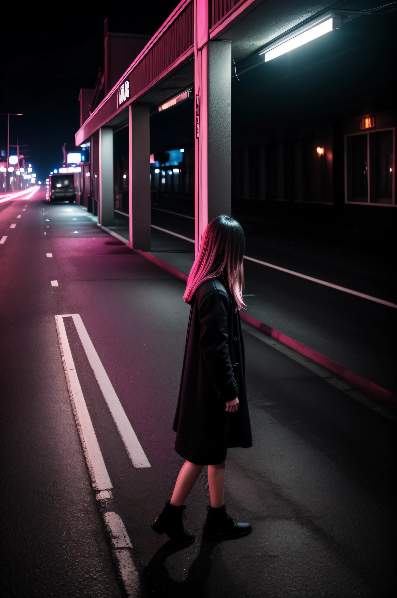 deep in the night、mid night、((motel、Street、Standing Woman、Sad woman、Females are smaller、Only one light、Pink Light On Point))、Foggy、Sateen、reflection、Nostalgic but unsettling photos、Images in a dream、uneasy、horor、terrifying、desolate、Pretty dark image、Grainy photo、Film Touch、color photograph、wide angles、wide-angle lens, Wide Shot, ultra wide-angle、