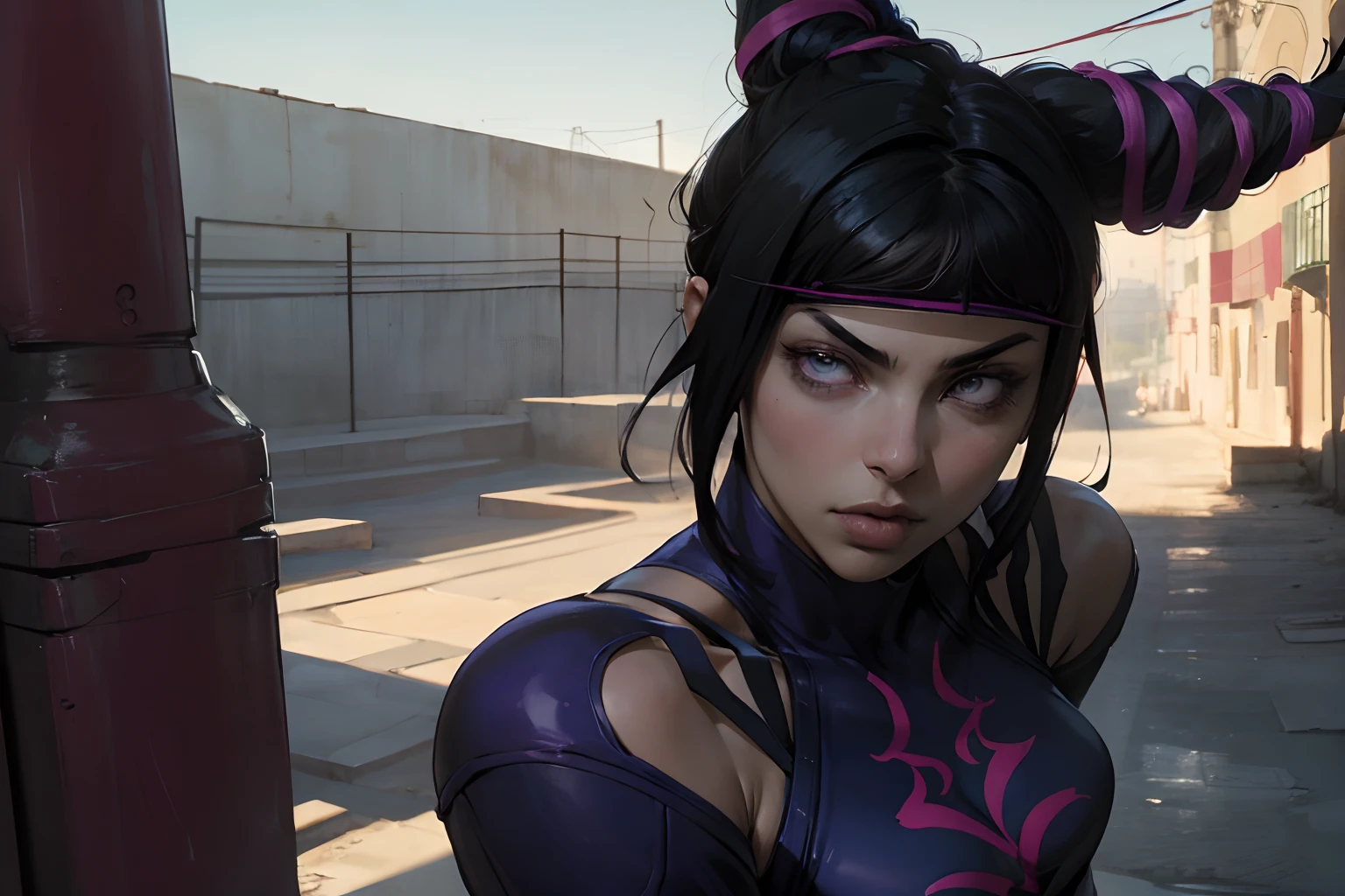 Obra maestra, Mira el visor, Juri de street fighter, Ojos detallados perfectos, pecho sexy, Cuerpo fitness, Aliado oscuro en el fondo, cabello negro,Streetfighter,La mejor calidad, 4k-resolution, al aire libre, oficial, Cinematographer, retrato, desde el lado, (realista, Ultrarrealismo, fotorrealismo:1.4), Antecedentes detallados, Cara detallada, ojos detallados, Mirando al espectador, noche, puesta del sol, JuriMS , SFIV, cuernos para el cabello, pantalones holgados blancos, flequillo, Soft lighting, Descansando(Mexico street)(Mexico flags)(mexico tijuana)