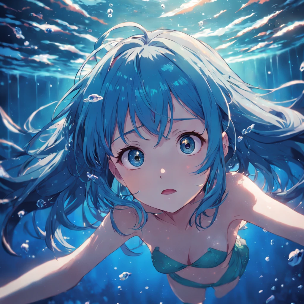 "Gentle Night, girl underwater, Blue hair, vivid eyes, reverie, Underwater background, the anime. Bright colors"