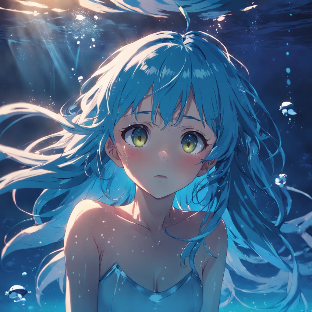 "Gentle Night, girl underwater, Blue hair, vivid eyes, reverie, Underwater background, the anime. Bright colors"
