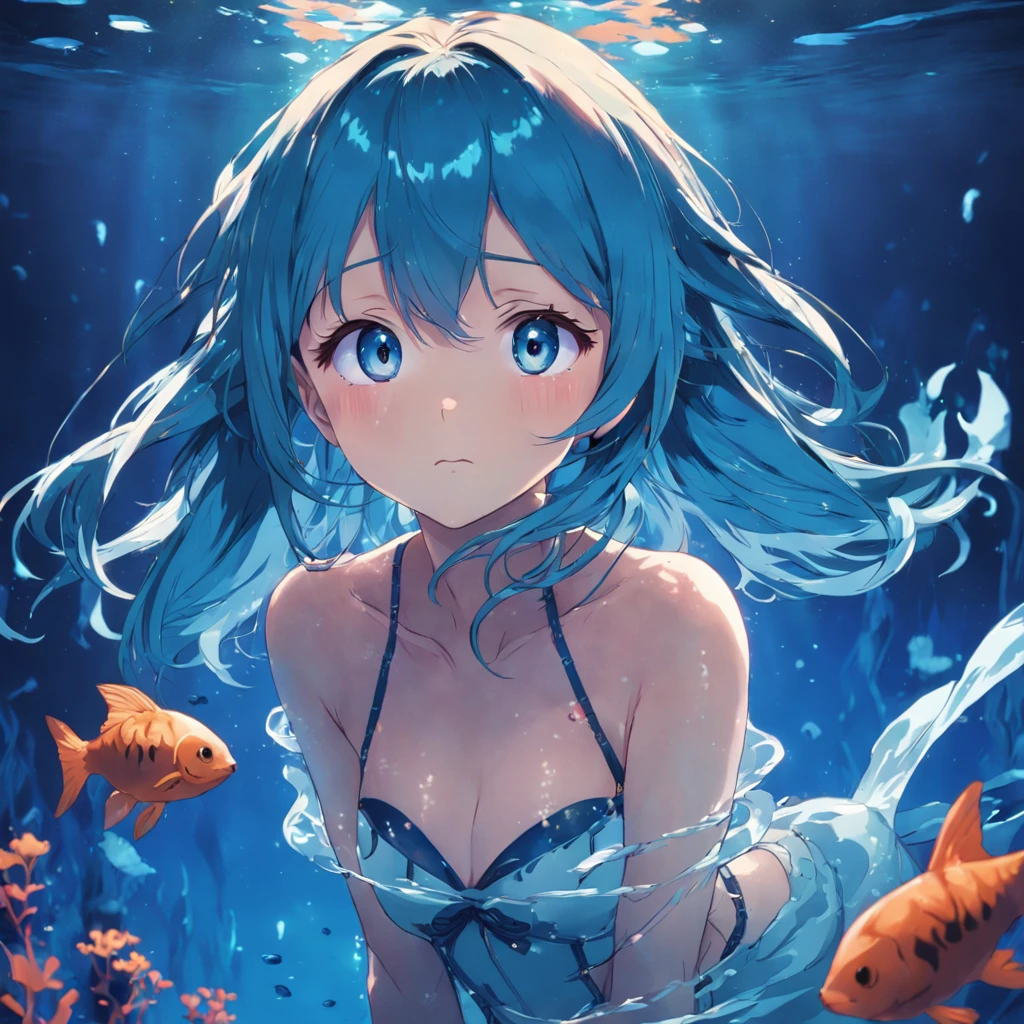 "Gentle Night, girl underwater, Blue hair, vivid eyes, reverie, Underwater background, the anime. Bright colors"
