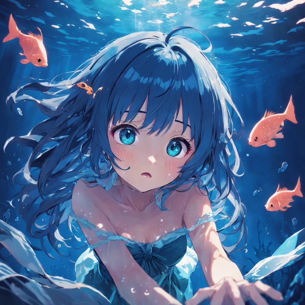 "Gentle Night, girl underwater, Blue hair, vivid eyes, reverie, Underwater background, the anime. Bright colors"