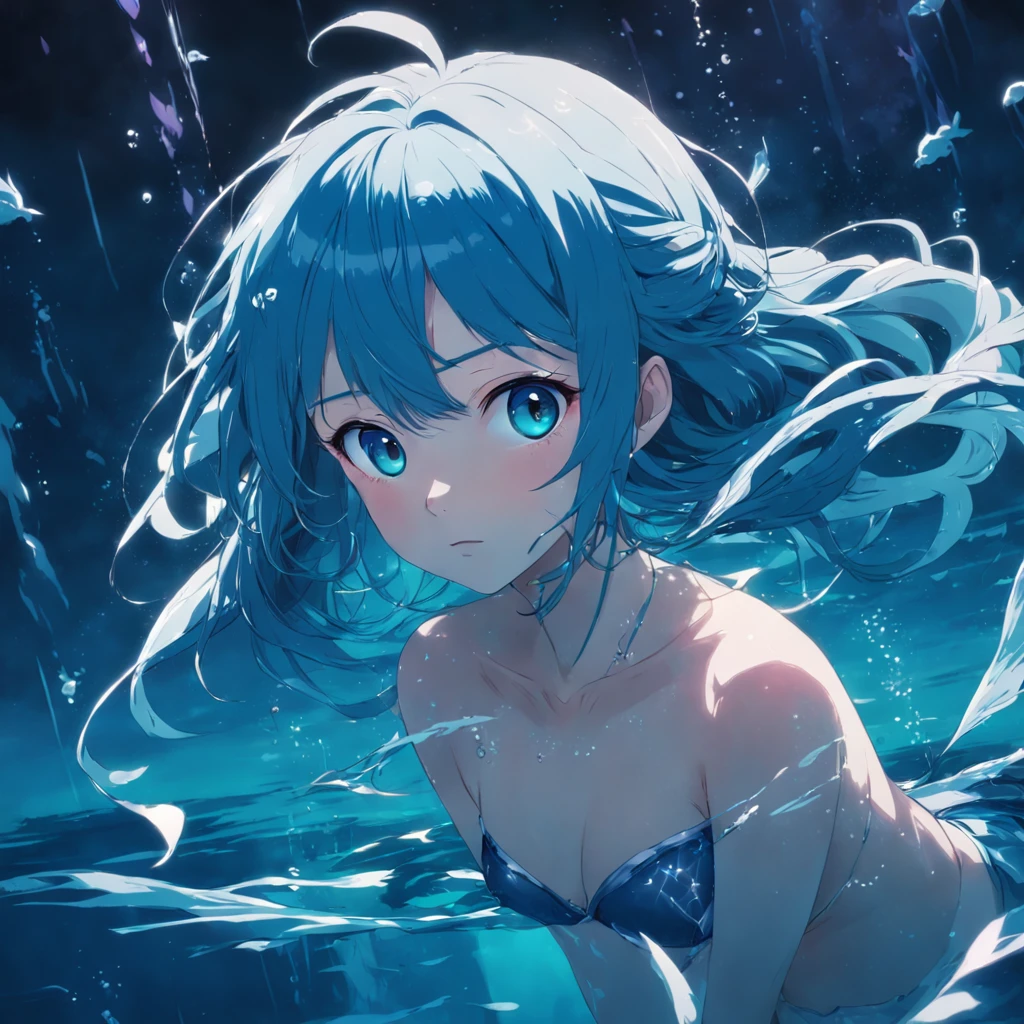 Night softness, Girl in the water, blue hair, vivid eyes, reverie, Underwater atmosphere, the anime, Living colors.