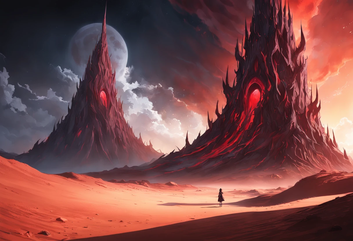um deserto de areias brancas, com uma grande torre demoniaca ao fundo e um grande buraco negro vermelho a cima dessa torre, sci-fi horror, dramatic lighting, 4k, arte conceitual, altamente detalhado, Volumetric lighting, global ilumination, octan render, Estilo-SwampMagic, Eldritch, cosmico, energia escura