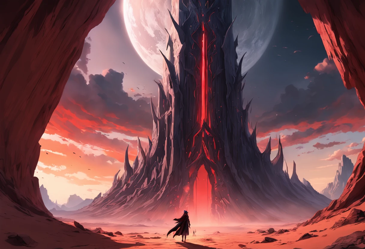 um deserto de areias brancas, com uma grande torre demoniaca ao fundo e um grande buraco negro vermelho a cima dessa torre, sci-fi horror, dramatic lighting, 4k, arte conceitual, altamente detalhado, Volumetric lighting, global ilumination, octan render, Estilo-SwampMagic, Eldritch, cosmico, energia escura