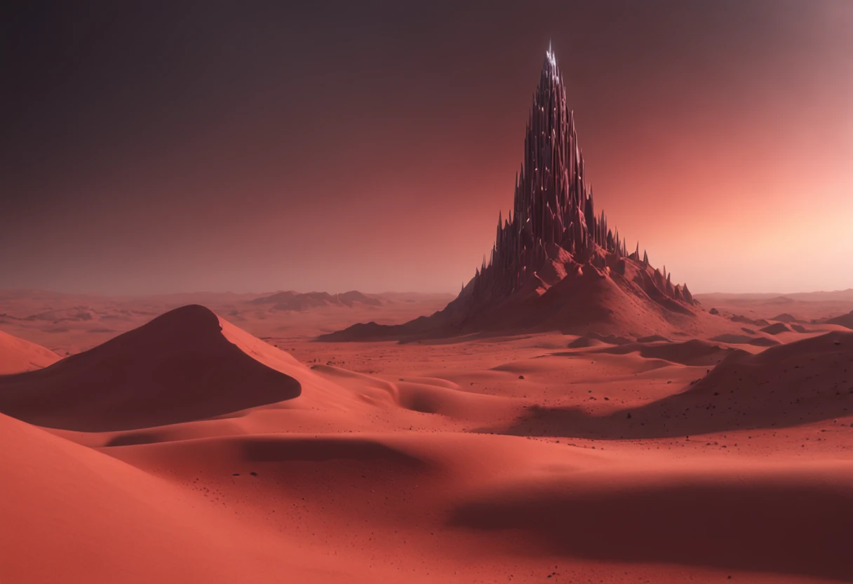 um deserto de areias brancas, com uma grande torre demoniaca ao fundo e um grande buraco negro vermelho a cima dessa torre, sci-fi horror, dramatic lighting, 4k, arte conceitual, altamente detalhado, Volumetric lighting, global ilumination, octan render, Estilo-SwampMagic, Eldritch, cosmico, energia escura