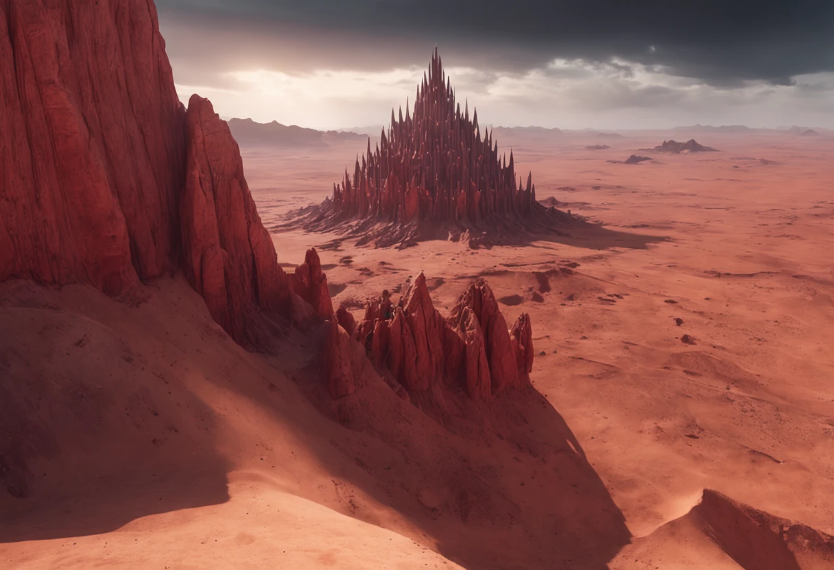 um deserto de areias brancas, com uma grande torre demoniaca ao fundo e um grande buraco negro vermelho a cima dessa torre, sci-fi horror, dramatic lighting, 4k, arte conceitual, altamente detalhado, Volumetric lighting, global ilumination, octan render, Estilo-SwampMagic, Eldritch, cosmico, energia escura