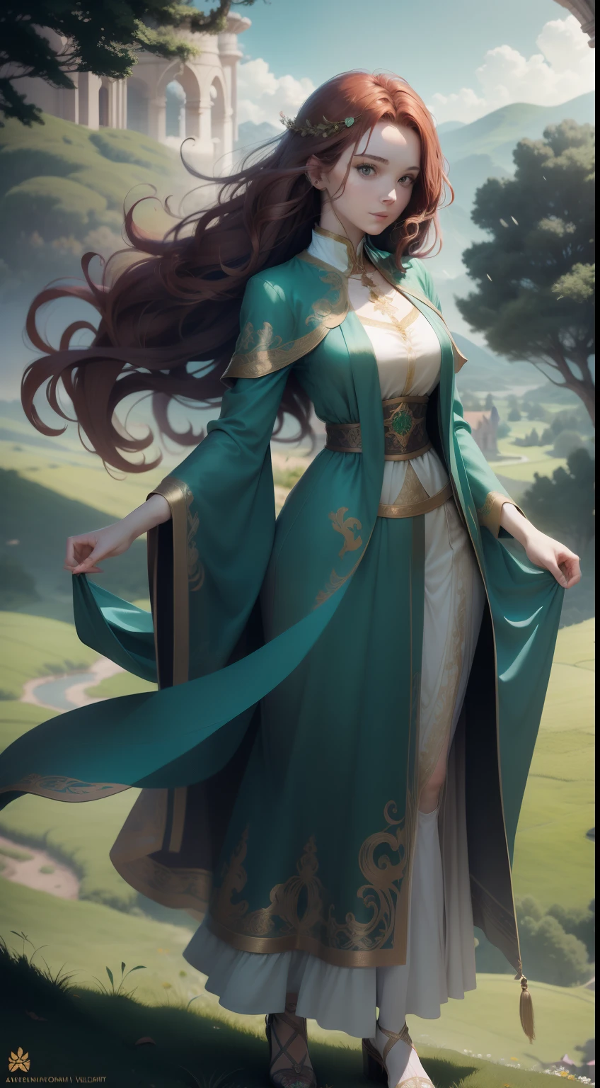 auburn hair,Slender palatial woman, Decorated with flowing emerald silk robes, Stand on top of a meadow hill,The view is majestic.