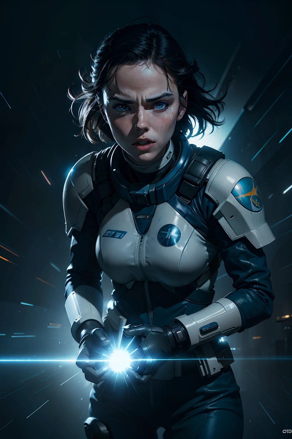 a close up action shot of epic Sci fi Hot Daisy Ridley using blue powers , Detailed clothing details, Liquid effect, space, Interstellar battlefield photography, natural light, photorealism, cinematic rendering, ray tracing, the highest quality, the highest detail, Cinematic, Third-Person View, Blur Effect, Long Exposure, 8K, Ultra-HD, Natural Lighting, Moody Lighting, Cinematic Lighting