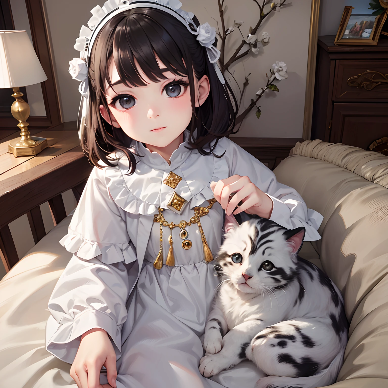 masterpiece、top-quality、hight resolution、High-quality images、8K、1little girl、In face、detaileds、Detailed eye depiction、skin gloss、shinny hair、White Shorthair、Hair as soft as fluff、canna、portlate、14 yam、will