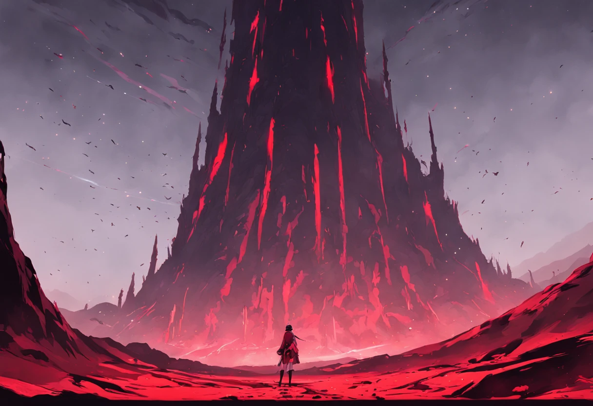 um deserto de areias brancas, com uma grande torre demoniaca ao fundo e um grande buraco negro vermelho a cima dessa torre, sci-fi horror, dramatic lighting, 4k, arte conceitual, altamente detalhado, Volumetric lighting, global ilumination, octan render, Estilo-SwampMagic, Eldritch, cosmico, energia escura