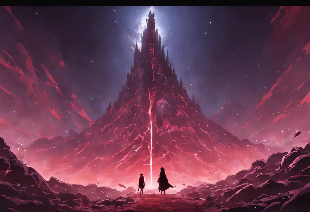 um deserto de areias brancas, com uma grande torre demoniaca ao fundo e um grande buraco negro vermelho a cima dessa torre, sci-fi horror, dramatic lighting, 4k, arte conceitual, altamente detalhado, Volumetric lighting, global ilumination, octan render, Estilo-SwampMagic, Eldritch, cosmico, energia escura