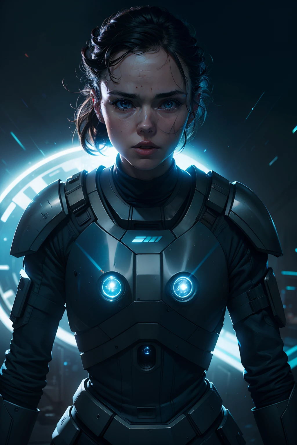 a close up action shot of epic Sci fi Hot Daisy Ridley using blue powers , Detailed clothing details, Liquid effect, space, Interstellar battlefield photography, natural light, photorealism, cinematic rendering, ray tracing, the highest quality, the highest detail, Cinematic, Third-Person View, Blur Effect, Long Exposure, 8K, Ultra-HD, Natural Lighting, Moody Lighting, Cinematic Lighting