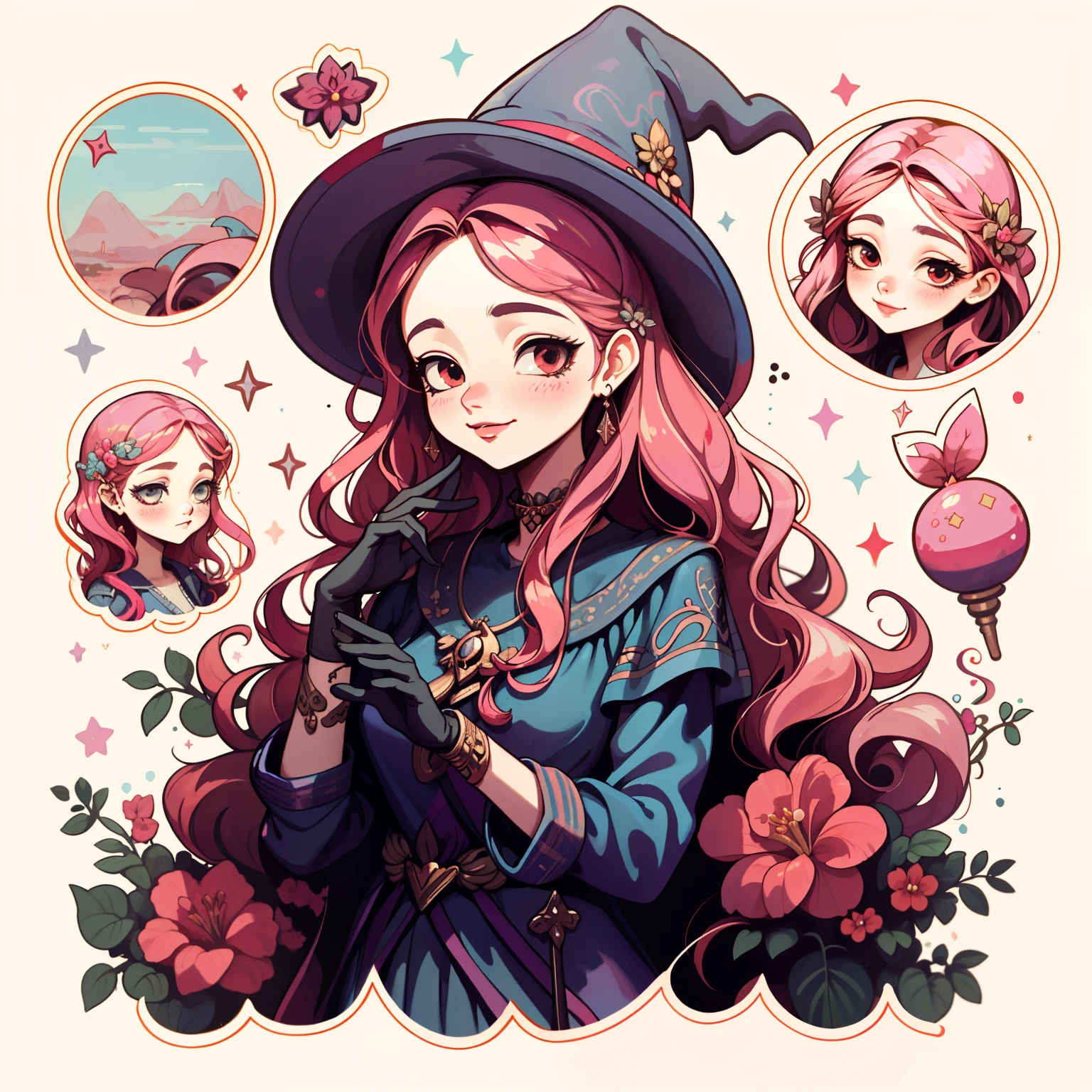 adesivo,A witch with gloves l, fundo simples, retrato, girl with long hair, smilling girl, beautiful aphrodite girl, aphrodite aesthetic, beautiful girl, very beautiful fantasy art, beautiful and elegant female aphrodite, beautiful detailed fantasy, red and pink color palate, red color-theme