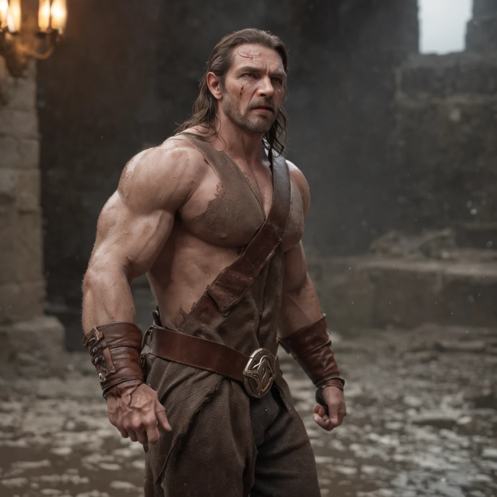 (Renderizado 3D profesional:1.3) de (realista:1.3) The most beautiful art photo in the world,Features soft and bright male heroes, ((Epic hero fantasy muscular rough man wet hero angry look long hair short beard and fierce expression in dynamic pose, Fantastic location, majestuoso entorno desordenado)), Renderizado 8k Unity de cuerpo completo, action shot, poro de la piel, very dark lighting, Sombreado pesado, Detallado, Cara detallada, (Vibrante, Realistic photography, realista, dramatic, oscuro, foco nítido, 8k), (Old leather garments damaged by weathering:1.4), ((((Use pieles)))), (intrincado:1.4), decadente, (Altamente detallado:1.4), Pintura digital, Renderizado por Octane, Estaciones de arte, Concepto-Arte, Suave, foco nítido, 插圖, Arte Germen, (loish:0.23), WLOP Ilya Kuvshinov, y Greg Rutkowski y Alphonse Mucha gracias, (global ilumination, Luz de estudio, Light Volumetric), fuertes lluvias, particles floating, LotR, fantasy, Once, cuerpo completosbian, ((Fondo oscuro y antiguo de la ciudad:1.3)),CGSesociety,Estaciones de arte