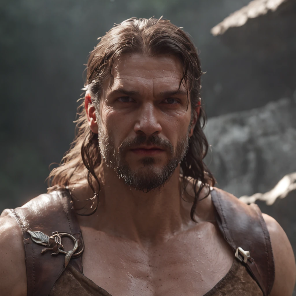 (Renderizado 3D profesional:1.3) de (realista:1.3) The most beautiful art photo in the world,Features soft and bright male heroes, ((Epic hero fantasy muscular rough man wet hero angry look long hair short beard and fierce expression in dynamic pose, Fantastic location, majestuoso entorno desordenado)), Renderizado 8k Unity de cuerpo completo, action shot, poro de la piel, very dark lighting, Sombreado pesado, Detallado, Cara detallada, (Vibrante, Realistic photography, realista, dramatic, oscuro, foco nítido, 8k), (Old leather garments damaged by weathering:1.4), ((((Use pieles)))), (intrincado:1.4), decadente, (Altamente detallado:1.4), Pintura digital, Renderizado por Octane, Estaciones de arte, Concepto-Arte, Suave, foco nítido, 插圖, Arte Germen, (loish:0.23), WLOP Ilya Kuvshinov, y Greg Rutkowski y Alphonse Mucha gracias, (global ilumination, Luz de estudio, Light Volumetric), fuertes lluvias, particles floating, LotR, fantasy, Once, cuerpo completosbian, ((Fondo oscuro y antiguo de la ciudad:1.3)),CGSesociety,Estaciones de arte