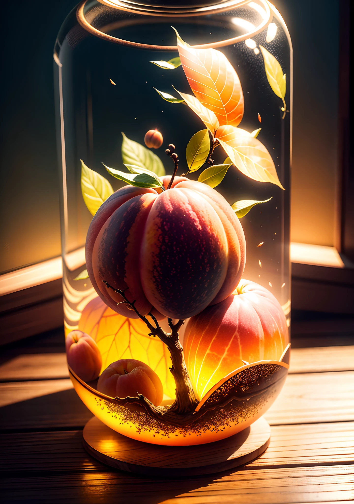 Inside a glass bottle is a peach tree,Frontal photo,Photographic grade,Dynamic Surrealism, high detail, Cubism, god rays, vignetting, glowing light, UHD, masterpiece, ccurate, super detail, high details, high quality, best quality, highres, 8k