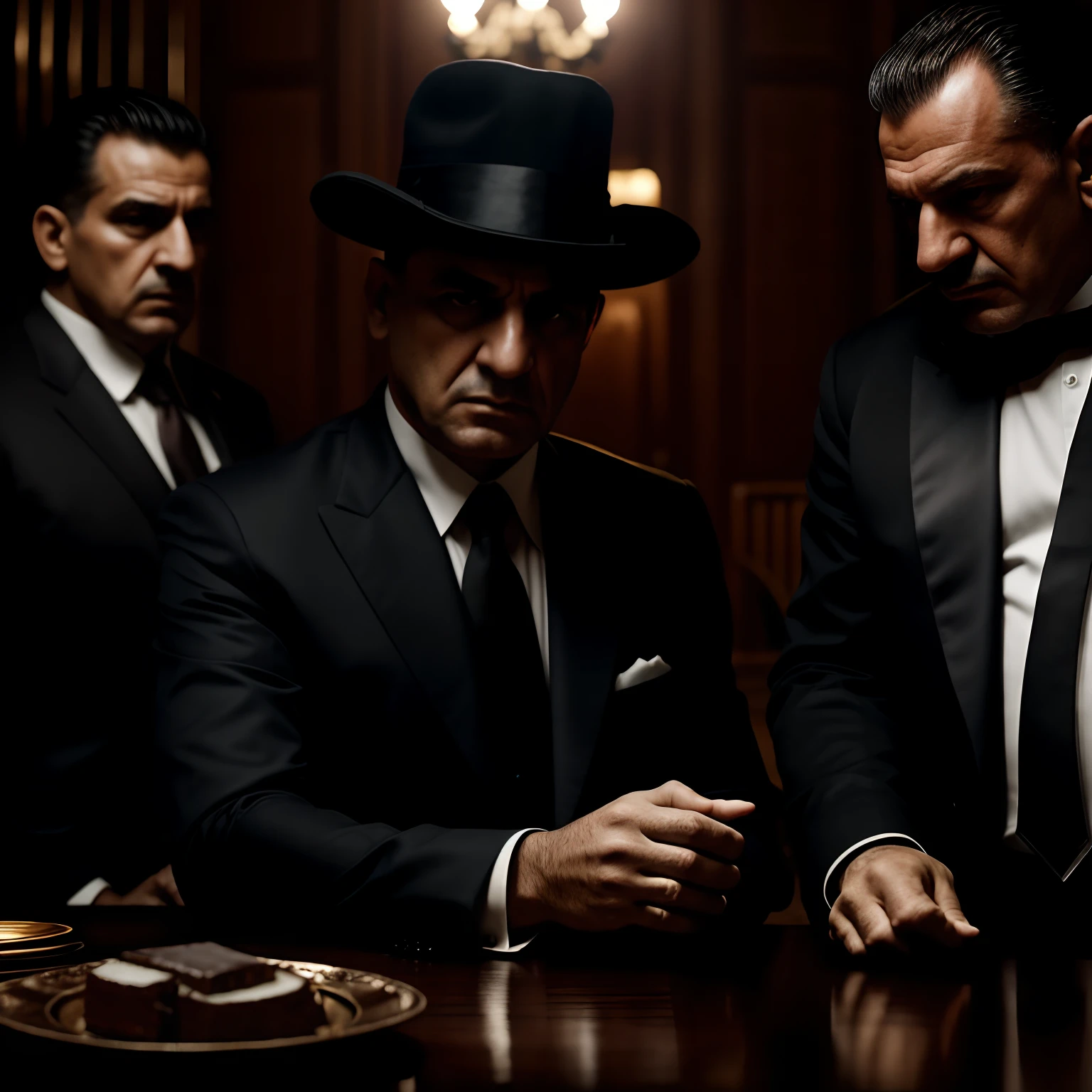 RAW photo, Mafioso, 8K, Mobsters gathered at a table, dark colors, high resolution, mobsters with brave faces --auto --s2