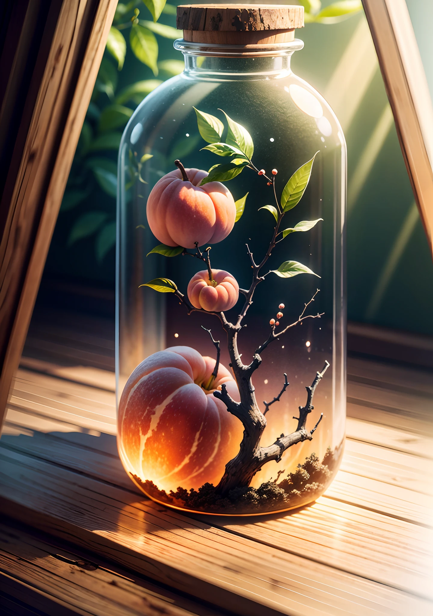 Inside a glass bottle is a peach tree,Frontal photo,Photographic grade,Dynamic Surrealism, high detail, Cubism, god rays, vignetting, glowing light, UHD, masterpiece, ccurate, super detail, high details, high quality, best quality, highres, 8k