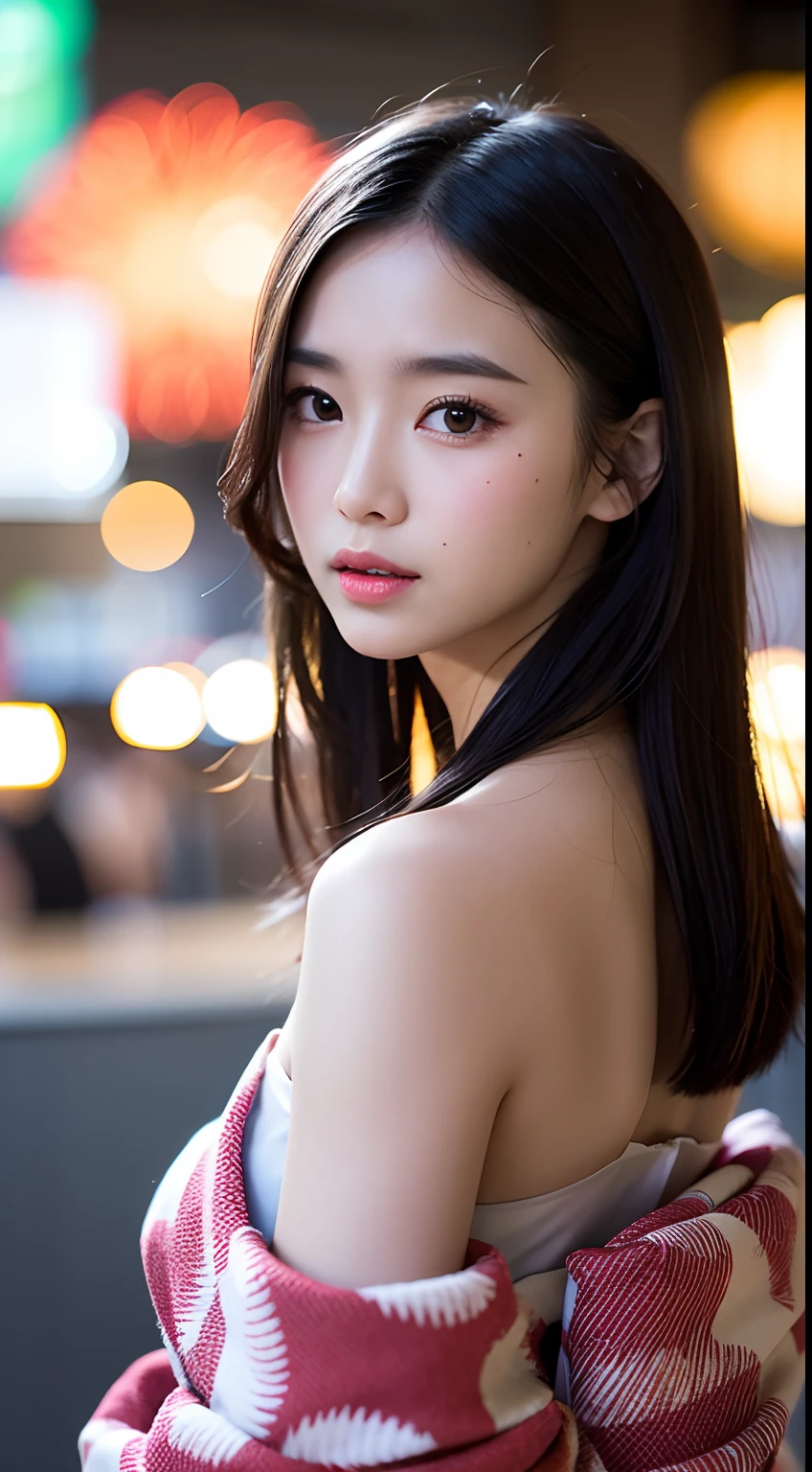 Off-the-shoulder kimono, a closeup, masterpiece, top-quality, Raw foto, Photorealsitic, faces, incredibly absurdness, beautiful a girl, cute little, shorth hair, depth of fields, hight resolution, ultra-detailliert, finely detail, ighly detailed, extremely detailed eye and face, Sharp pupils, Realistic pupils, foco nítido, Cinematic lighting、Fireworks Venue、natta