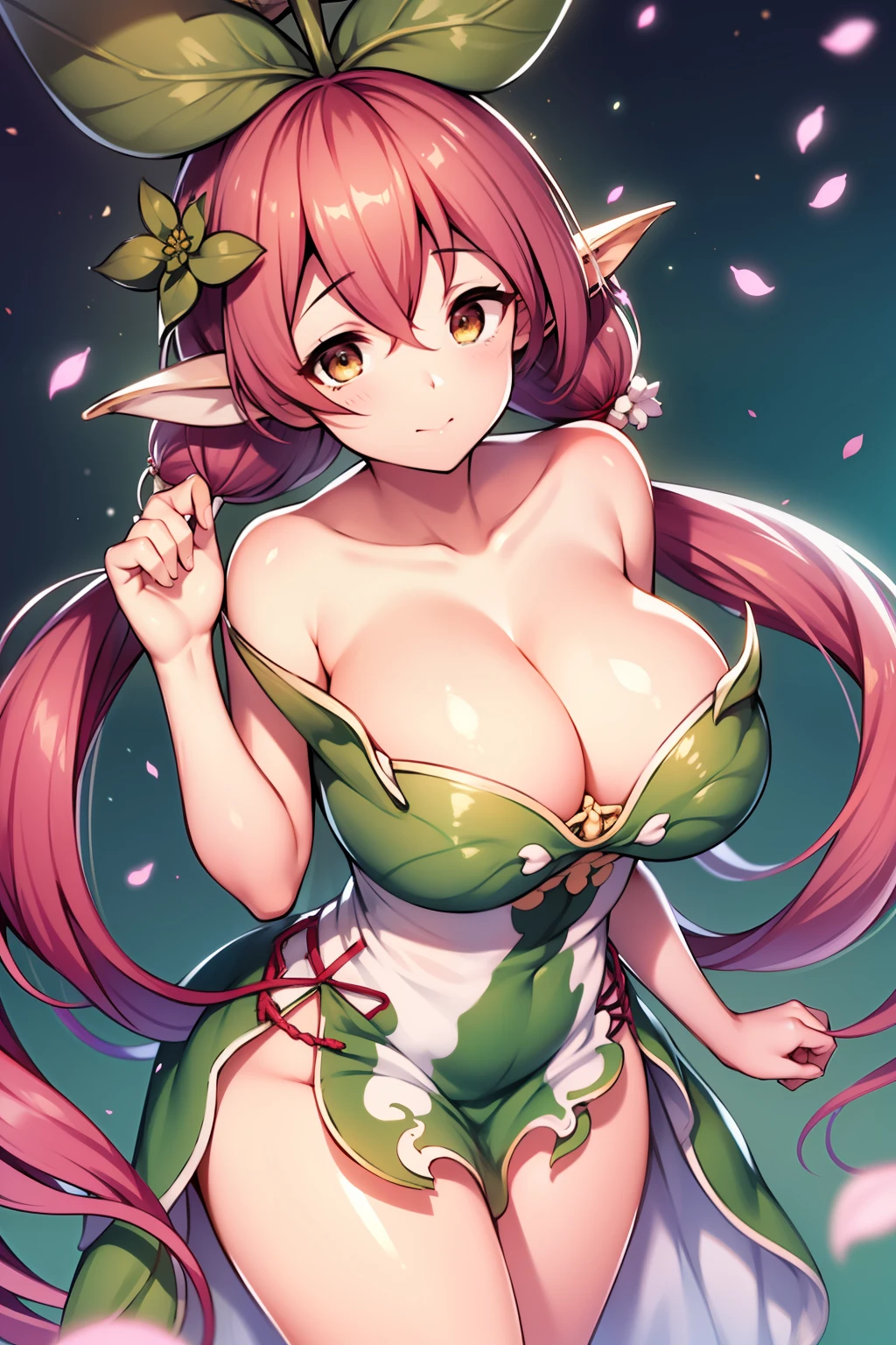 1girl, bad_id, bad_pixiv_id, bare_shoulders, braid, breasts, brown_eyes, cleavage, closed_mouth, commentary_request, dress, flower, frilled_dress, frills, from_above, granblue_fantasy, hair_between_eyes, hair_flower, hair_ornament, large_breasts, leaf, leaf_on_head, long_hair, low_twintails, monster_girl, motion_blur, petals, plant_girl, pointy_ears, red_hair, sleeveless, solo, twintails, very_long_hair, white_flower, yggdrasil_(granblue_fantasy), yoshikanakamura