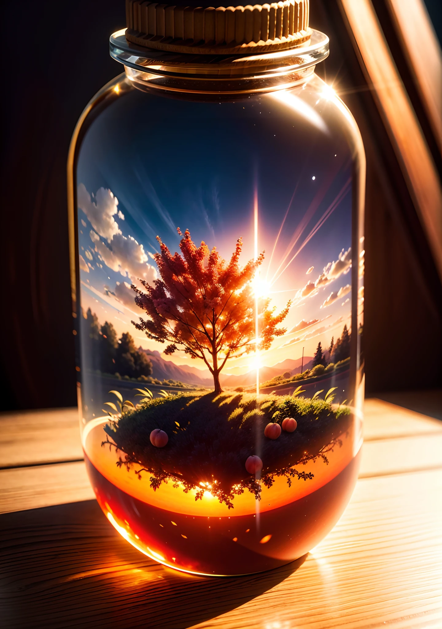 Inside a glass bottle is a peach tree,Frontal photo,Photographic grade,Dynamic Surrealism, high detail, Cubism, god rays, vignetting, glowing light, UHD, masterpiece, ccurate, super detail, high details, high quality, best quality, highres, 8k