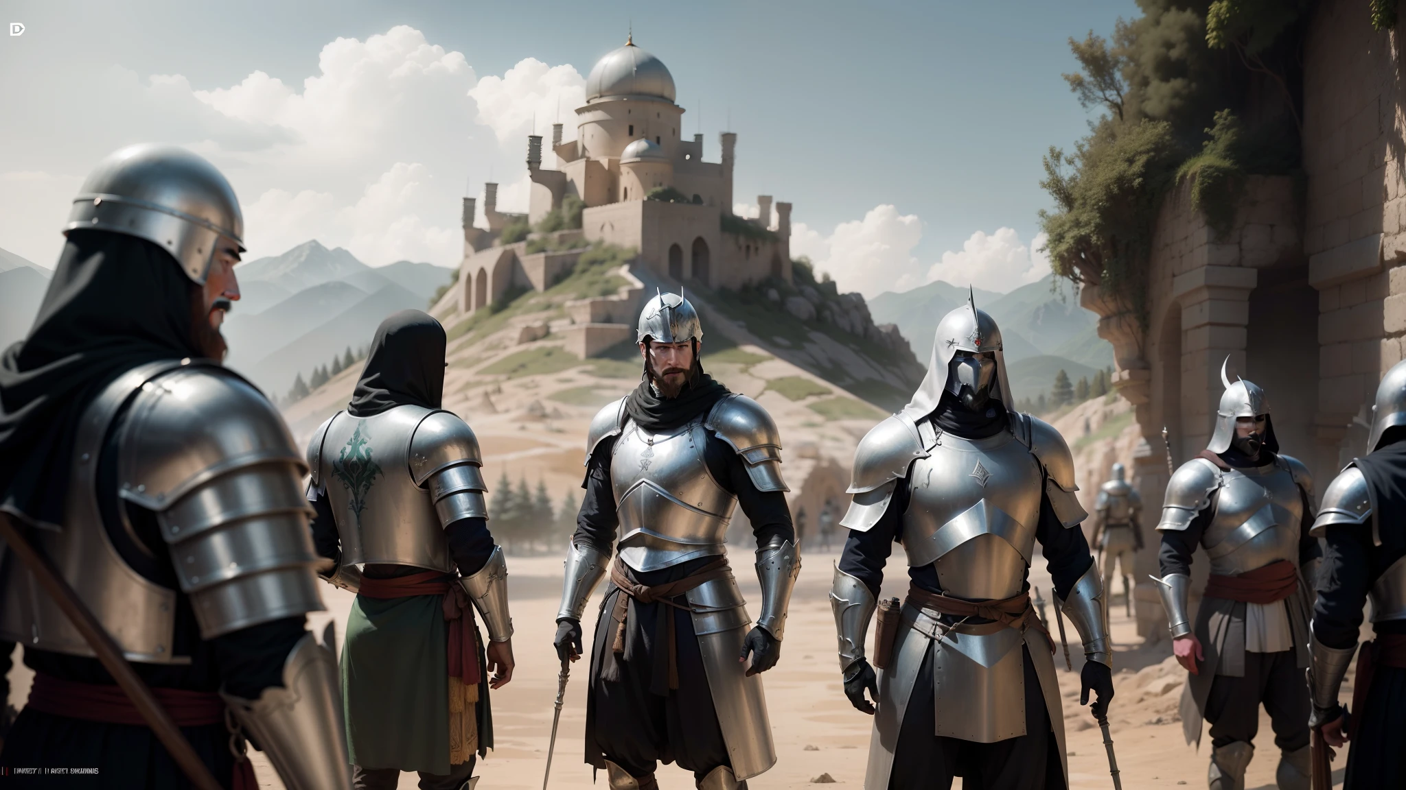 Image of a group of men in armor with spears and spears, Gros plan du film VFX, Scene where she is in Rivendell, Forteresse du Chaos de maroc armure arabe, Riot shields, still from a music video, an army recruitment poster, inspired by Kamāl ud-Dīn Behzād, dans une armure, Awarded on CGsociety