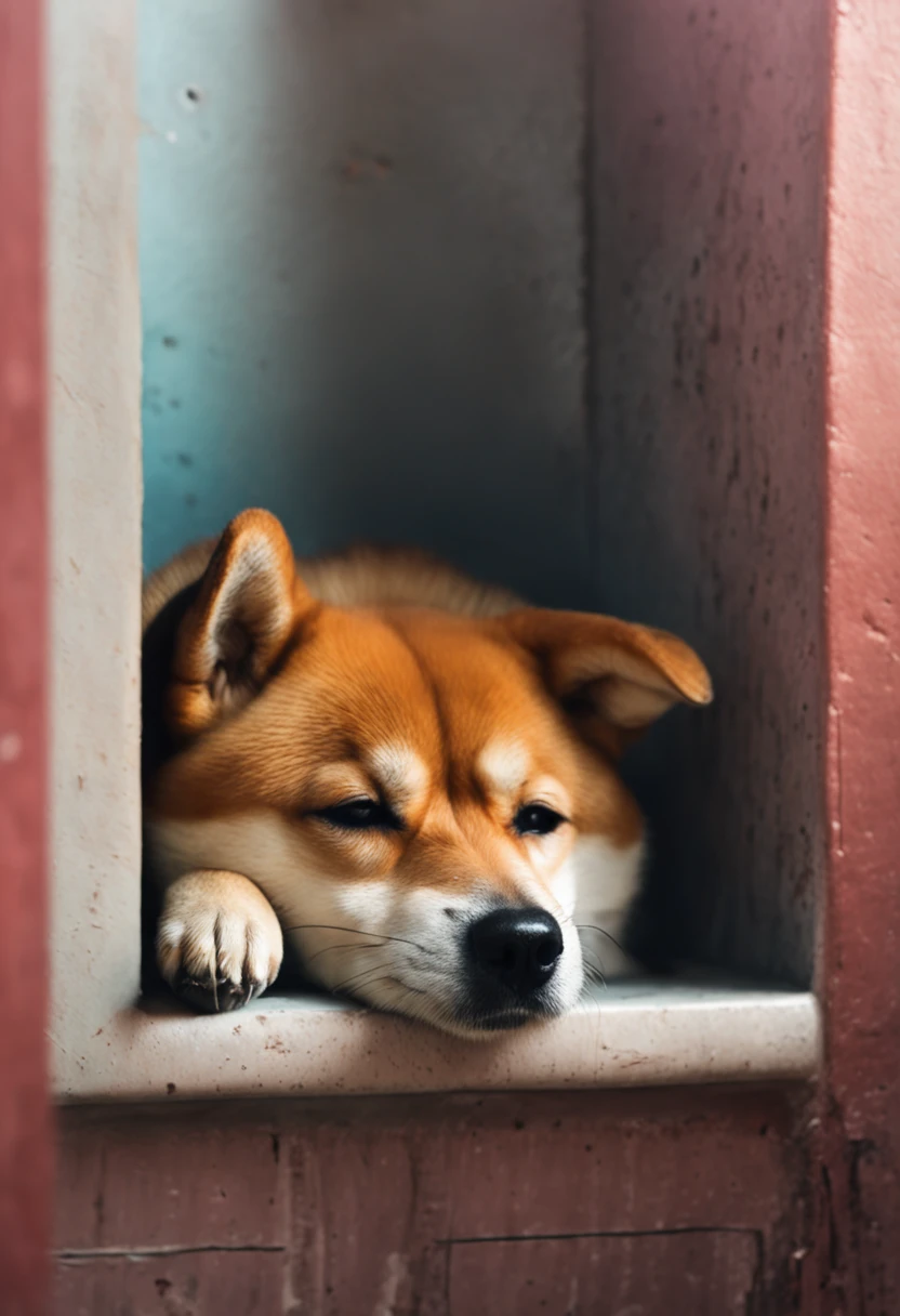 A sad little Shiba Inu dog curled up in a corner, tears rolling down its furry cheeks, its eyes conveying a deep sense of despair, the room's atmosphere heavy with sorrow, Soft pastel drawing, capturing the dog's vulnerability and emotions,