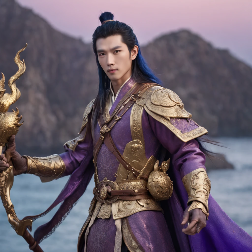 (professional 3d render:1.3) af (Realistic:1.3),(Xiao Zhan),Long hair that turns blue to purple,(Take a trident),Wearing gold armor,cool guy,Goose egg face,Asian face,)The background shows the sea under the big moon,The time is evening),Sparkling,Winters,nevando