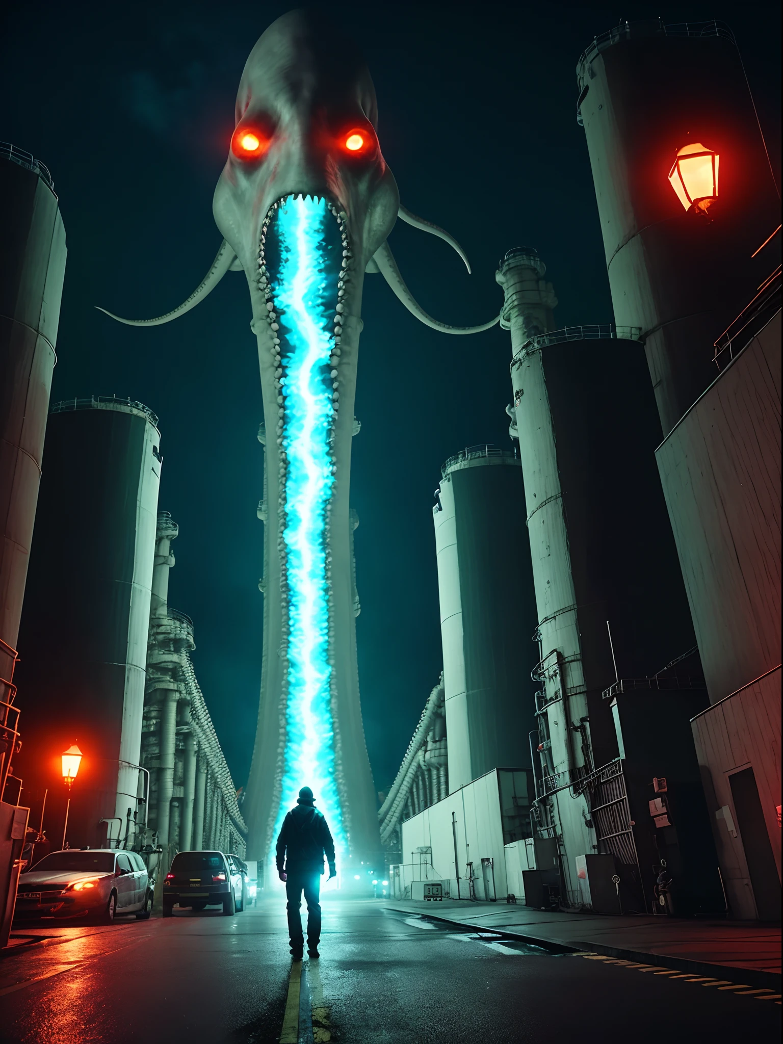 Fujishita Nuclear Power Plant,Giant mutant octopus red light slime megalodon,Doomsday Dark Wind,8k,cinematic colorgrade