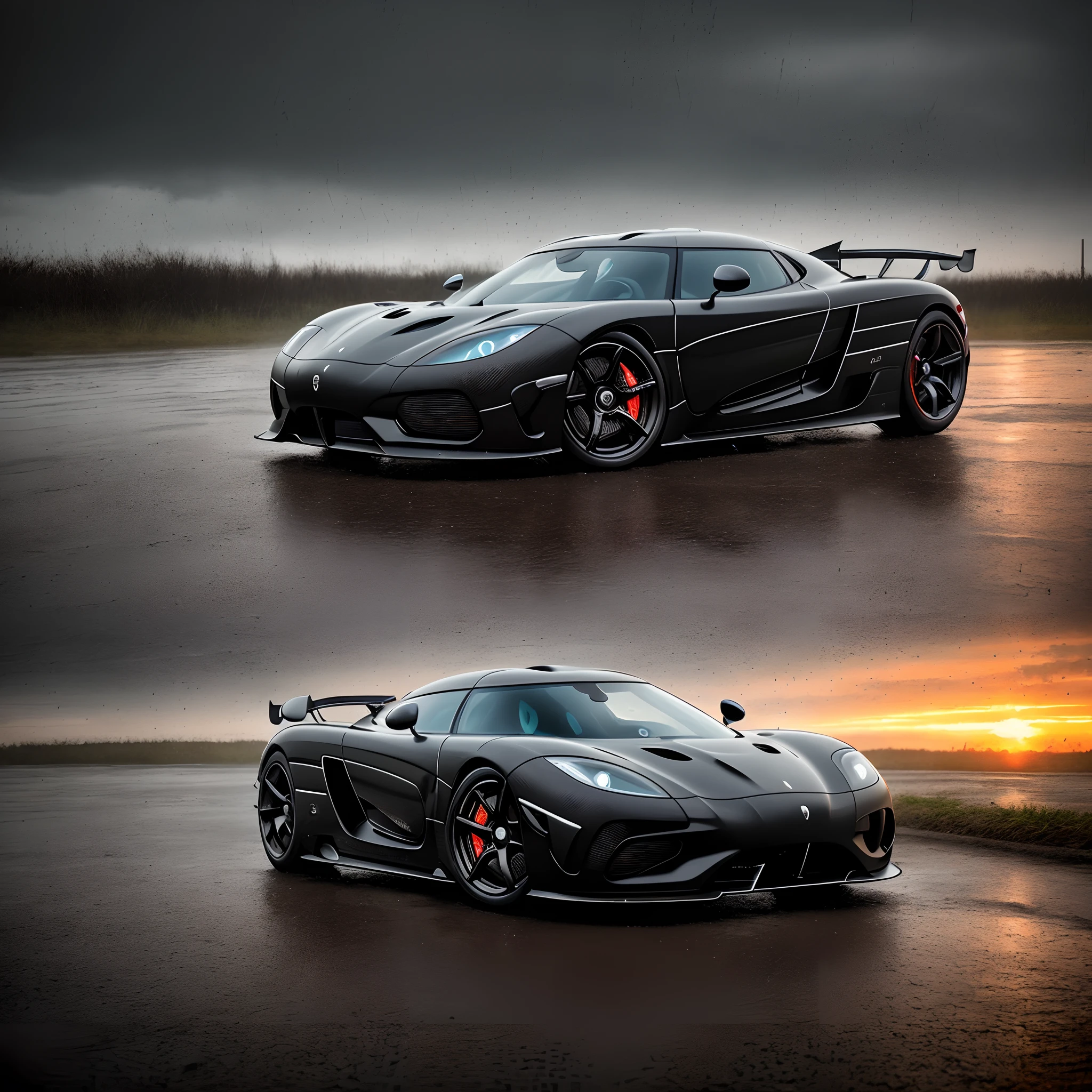 photo 8k dark and gloomy, car Koenigsegg agera, sunset, detailed face, detailed, (vibrant, realistic photo, realistic, dramatic, dark, sharp focus, 8k), wet floor, reflection, rain, lightning, LED headlight, light on