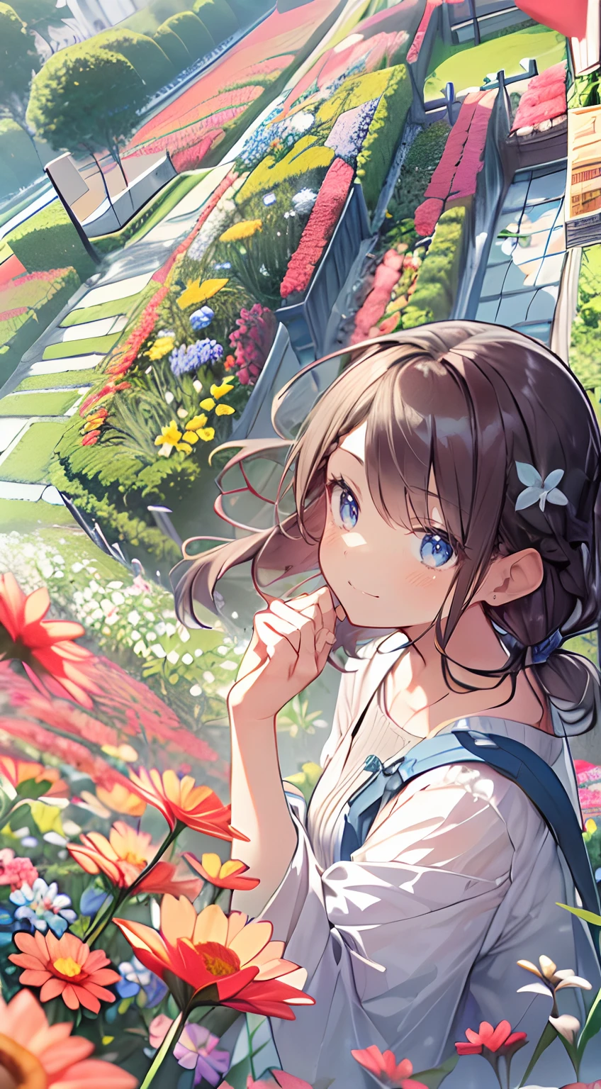 masutepiece, Best Quality,Illustration, Wallpaper, Ultra Detail, Absurd beauty、1 beautiful girl、 (Middle hair、short braided hair), Beautiful ultra-detailed eyes , Hair fluttering in the wind、Keep your head small、flower  field、great outdoors、Landscape of the flower garden