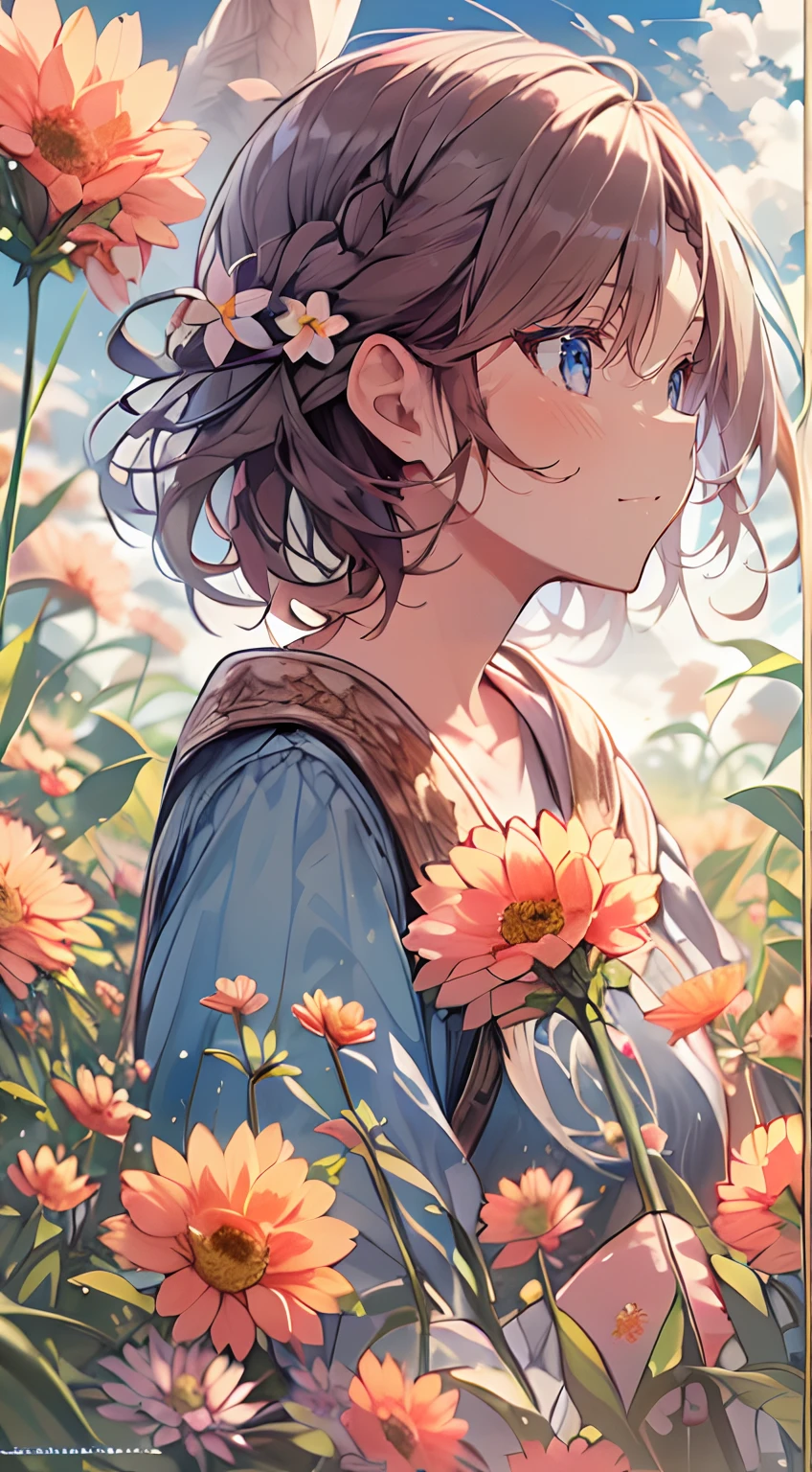 masutepiece, Best Quality,Illustration, Wallpaper, Ultra Detail, Absurd beauty、1 beautiful girl、 (Middle hair、short braided hair), Beautiful ultra-detailed eyes , Hair fluttering in the wind、Keep your head small、flower field、great outdoors、Landscape of the flower garden
